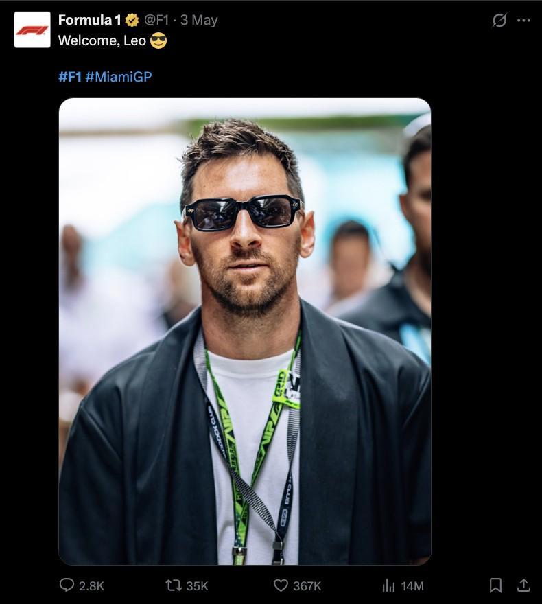 影响力，梅西照片仅用五天成为F1账号历史点赞量最高的一条